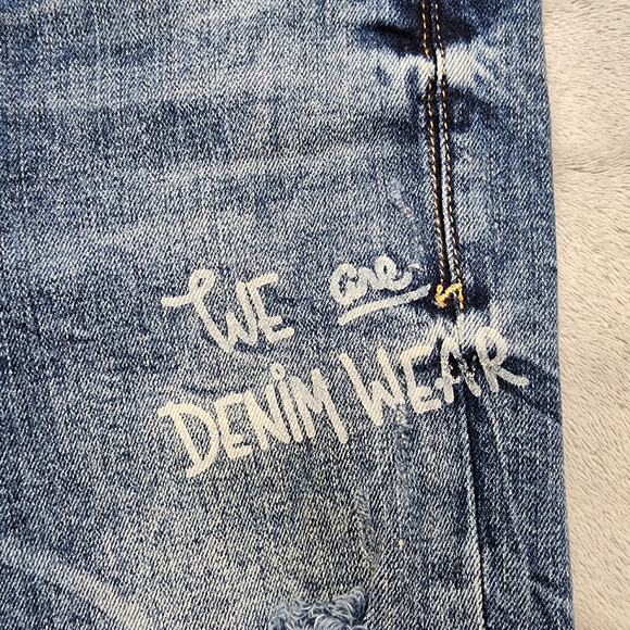 Zara Trafaluc denimwear Jeans Womens 8 Blue Distressed Graffiti Slim Leg Raw Hem - Picture 5 of 16